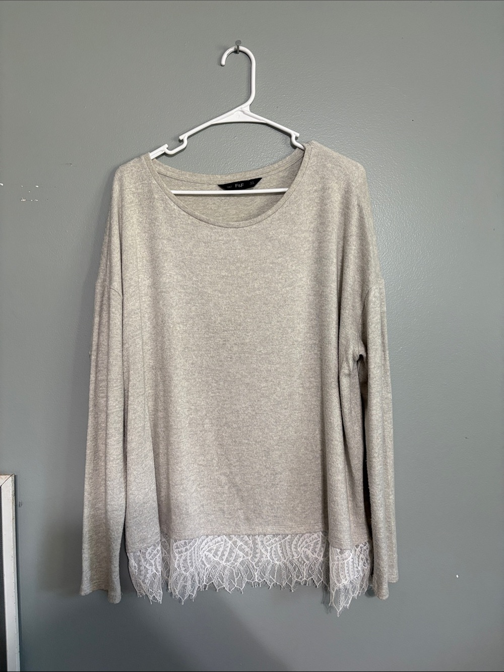 F&F Light Gray Long Sleeve Top with White Lace Trim